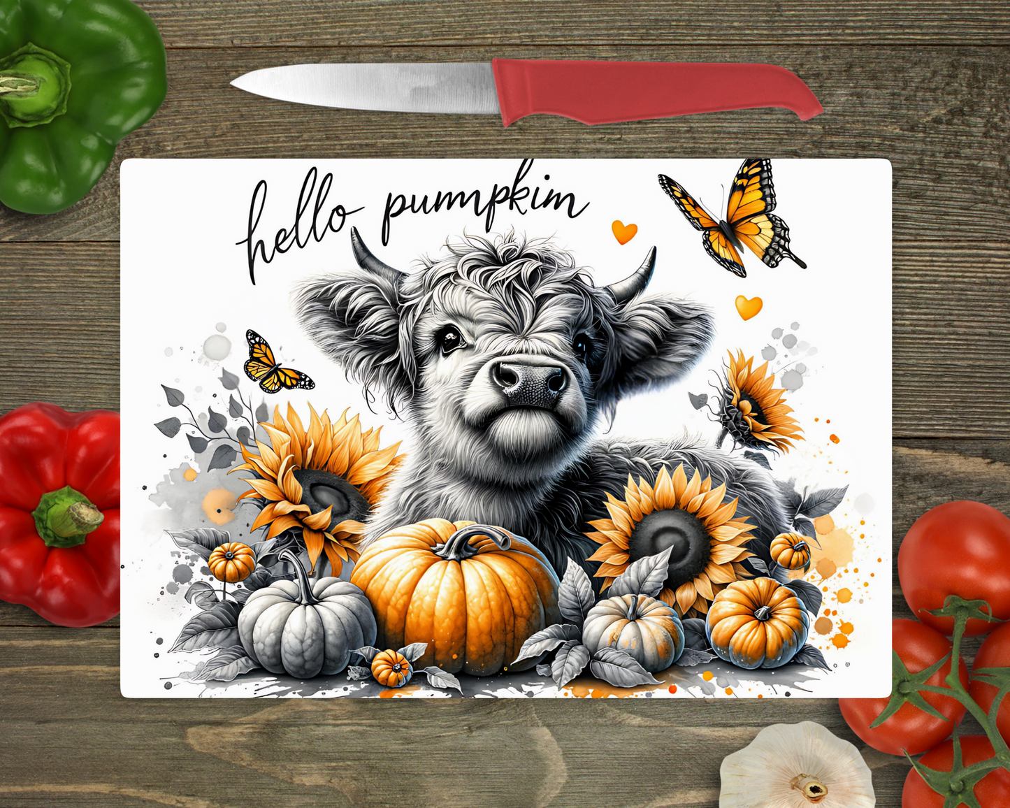 Fall Theme Hello Pumpkin w/ Highland Cow Rectangle Cutting Board