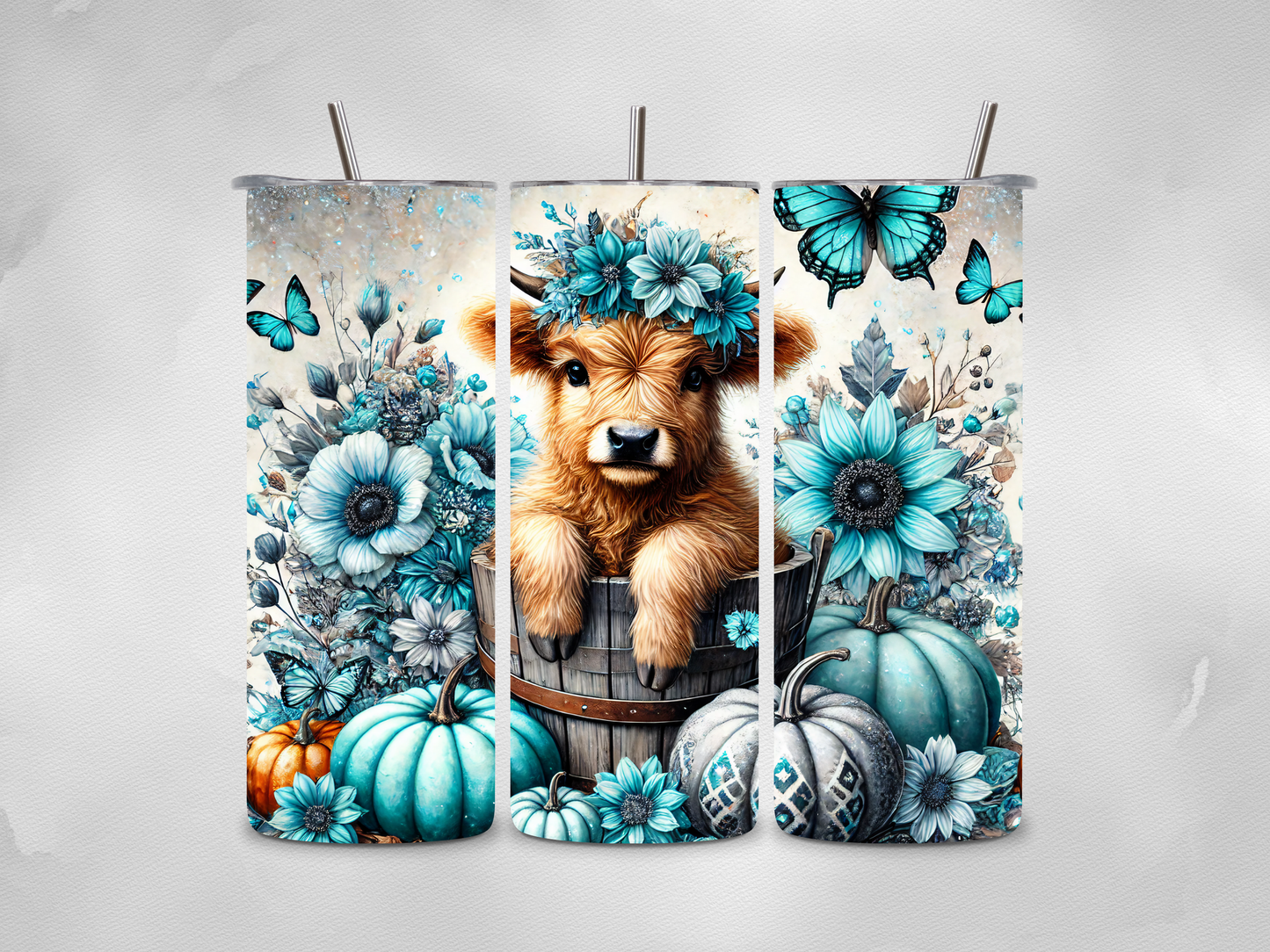 Blue Flowers & a Highland Cow Tumbler