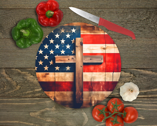 American Flag & Cross Glass Cutting Board