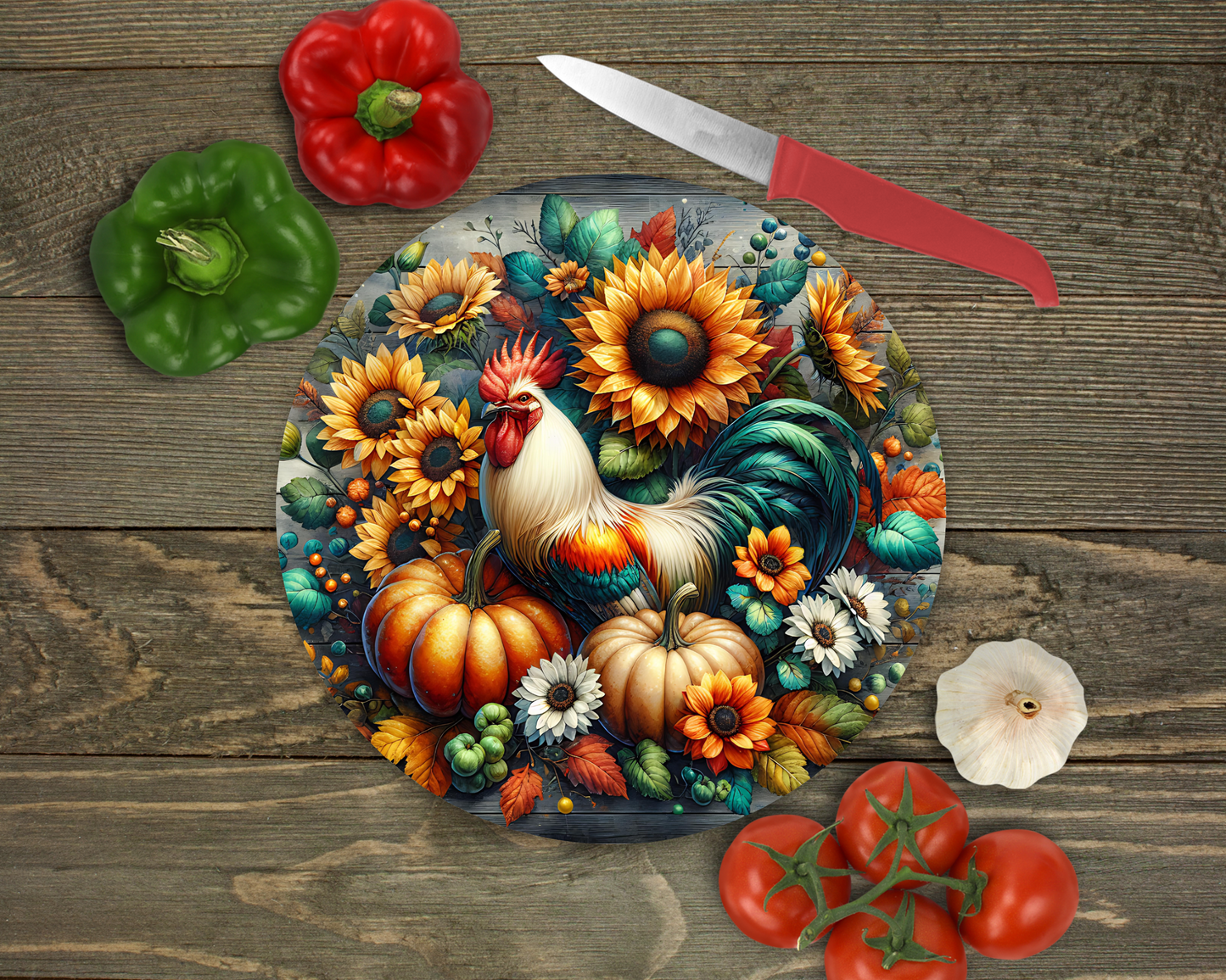 Fall Rooster Glass Cutting Board