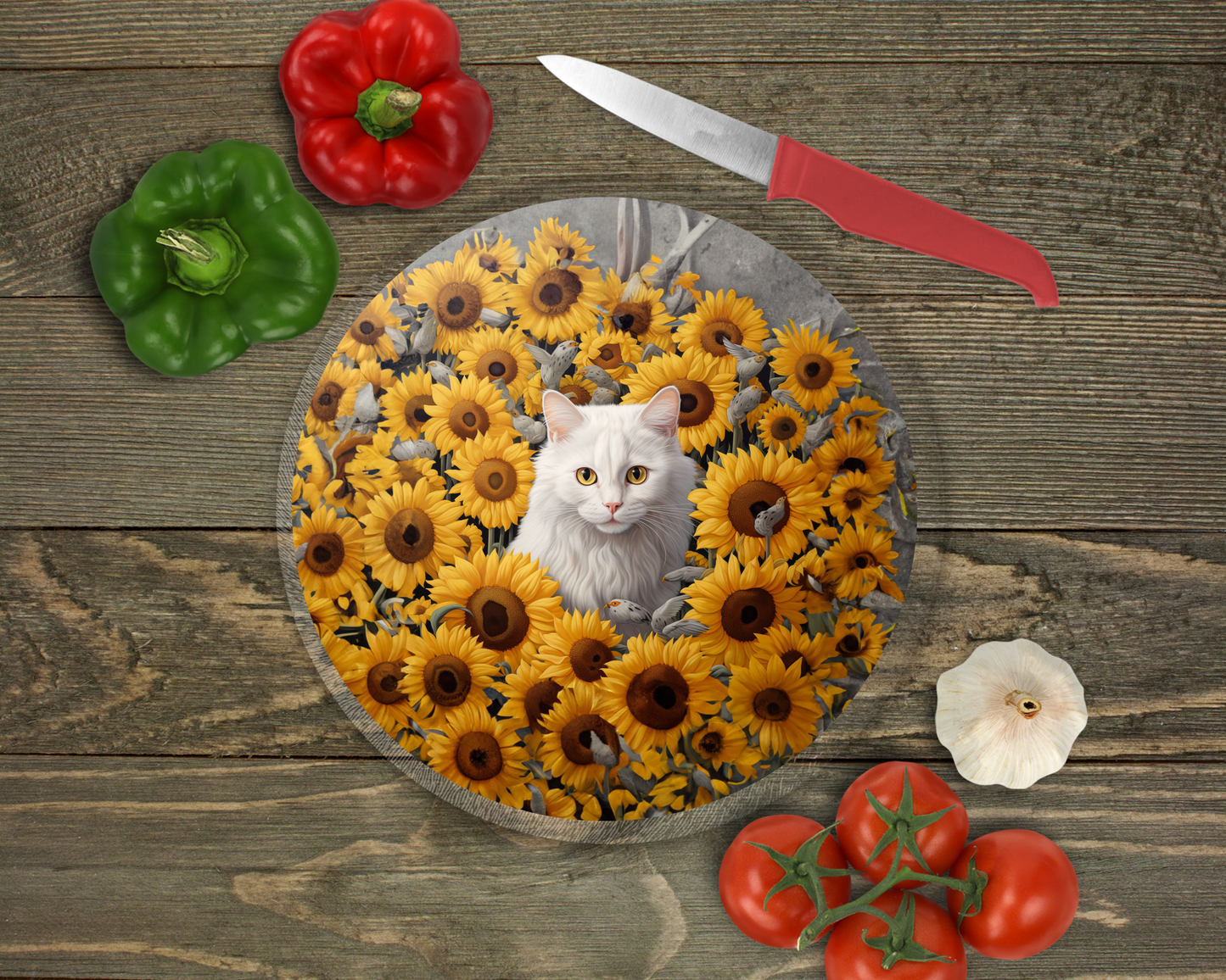 White Cat and Flowers Glass Cutting Board