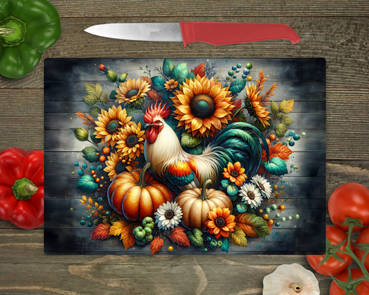 Fall Theme w/ Pumpkins, Flowers & a Chicken Rectangle Cutting Board