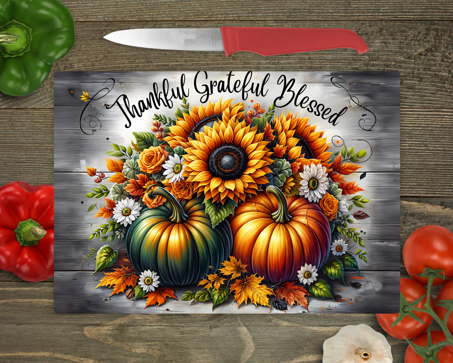 Fall Theme Thankful, Grateful, Blessed w/ Pumpkins & Flowers Rectangle Cutting Board