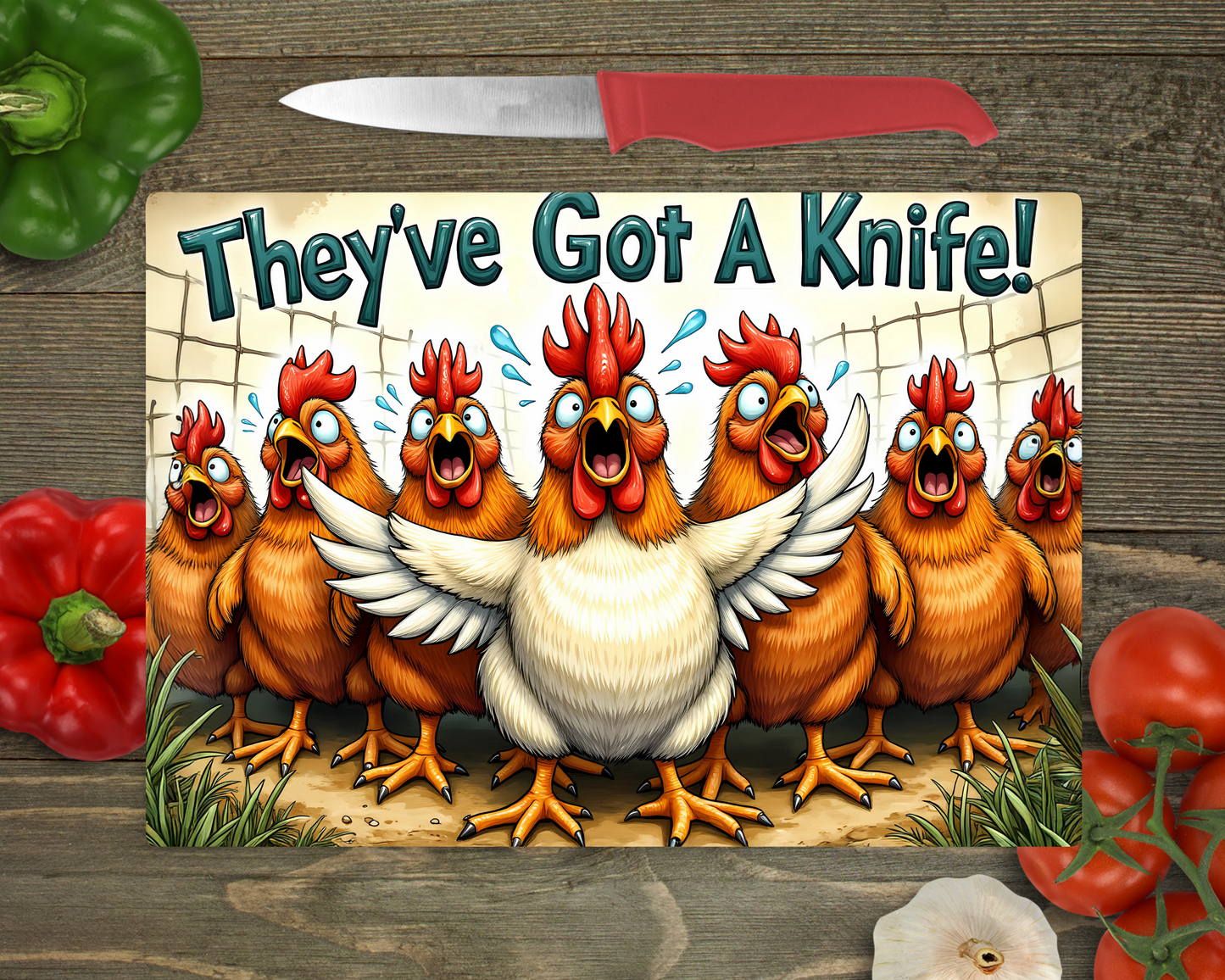 They've Got A Knife! with Chickens Rectangle Glass Cutting Board