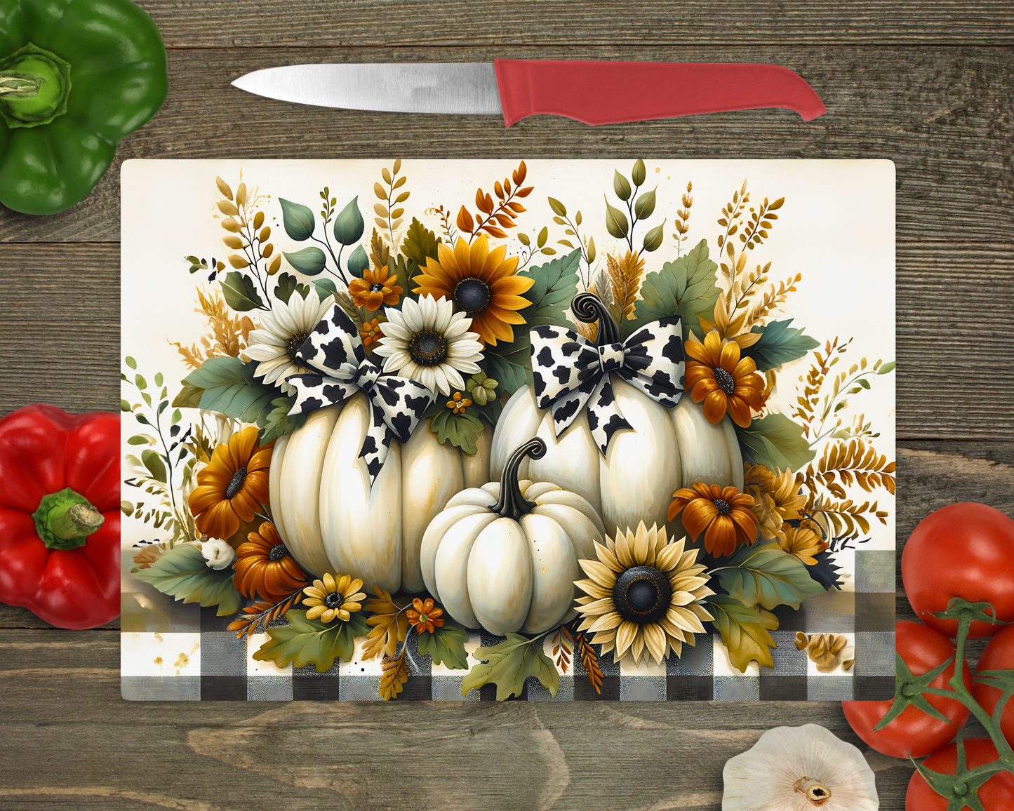Fall White Theme w/ Pumpkins & Flowers Rectangle Cutting Board