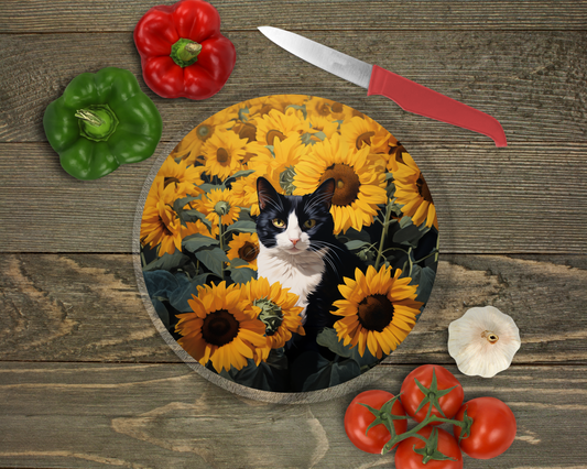 Black Cat & Flowers Glass Cutting Board