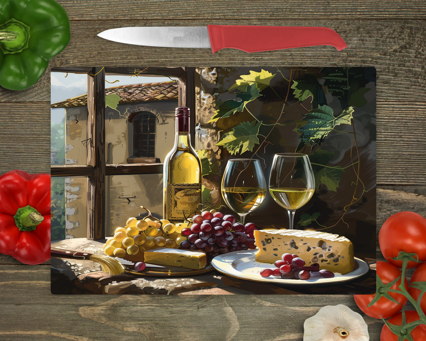 Wine Glasses, Bottle, Cheese & Grapes Rectangle Cutting Board