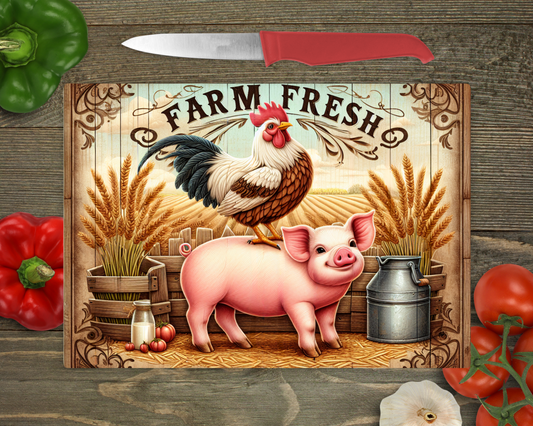 Farm Fresh w/ Pig & Chicken Rectangle Glass Cutting Board