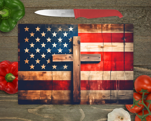 American Flag w/ Cross Rectangle Cutting Board