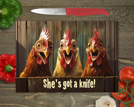 She's Got A Knife! with Chickens Rectangle Glass Cutting Board