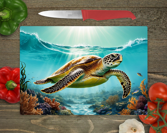 Turtle Underwater Rectangle Glass Cutting Board