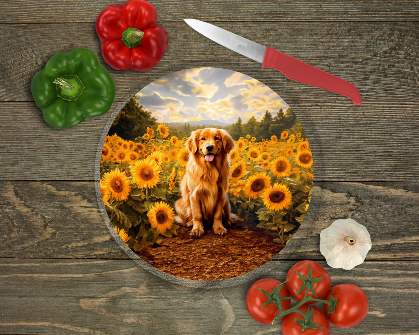 Golden Retriever & Flowers Glass Cutting Board