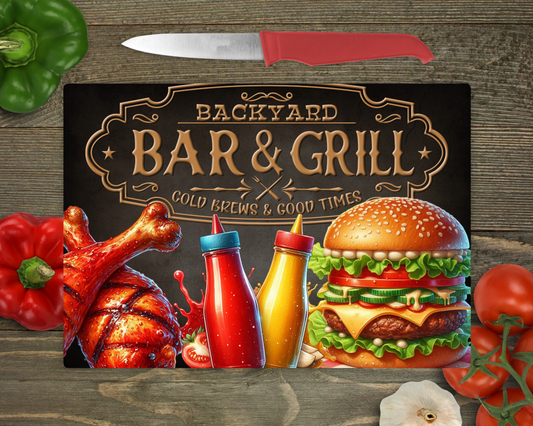 Backyard Bar & Grill Cold Brews & Good Times Rectangle Glass Cutting Board