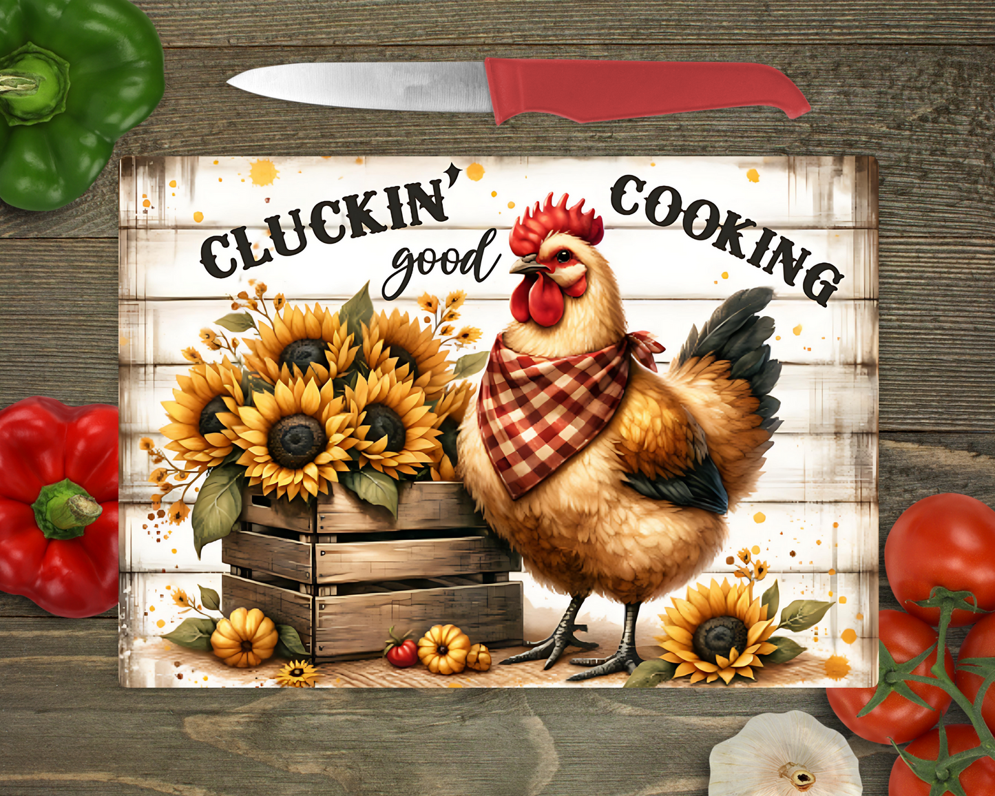 Cluckin' Good Cooking w/ Chicken Rectangle Glass Cutting Board