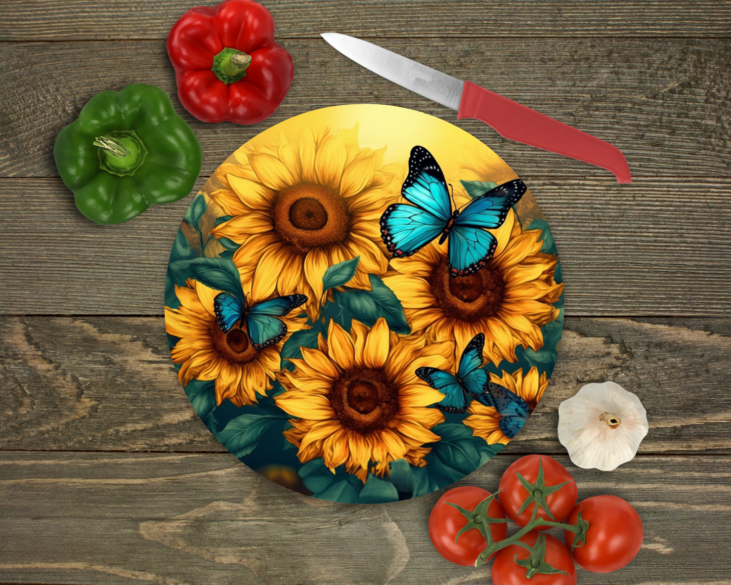 Sunflower & Blue Butterflies Glass Cutting Board